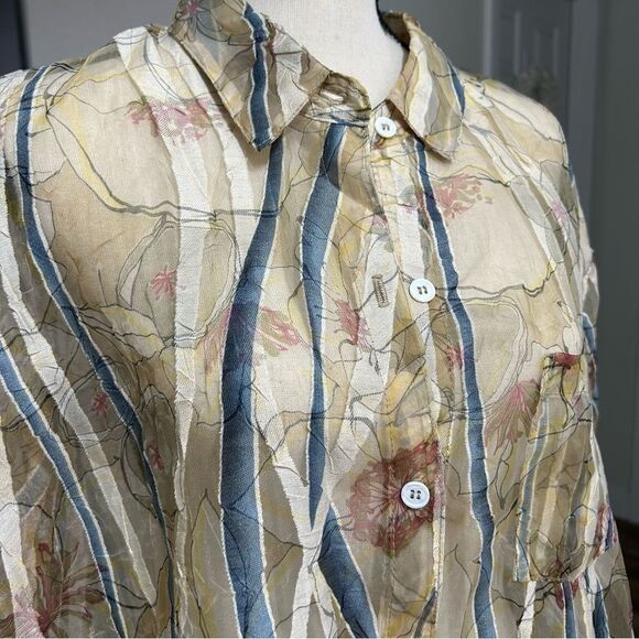 Vintage Graff Wear Linen Blend Sheer Floral Striped Button Down Blouse XL - Picture 2 of 14
